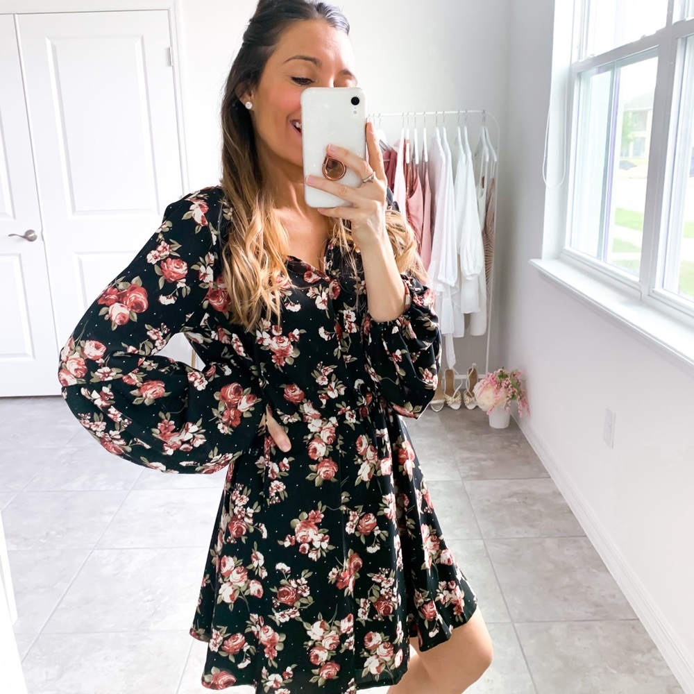 Black Floral Print Long Sleeve Fit & Flare Dress - Picture 9 of 14